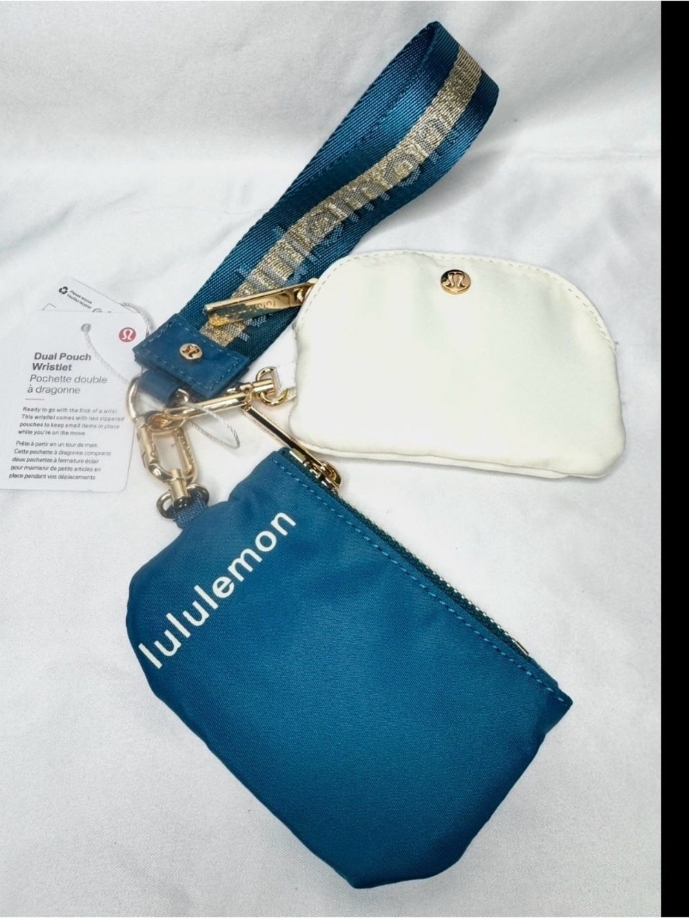 lululemon athletica Dual Pouch Wristlet in Blue and White with Gold Hardware